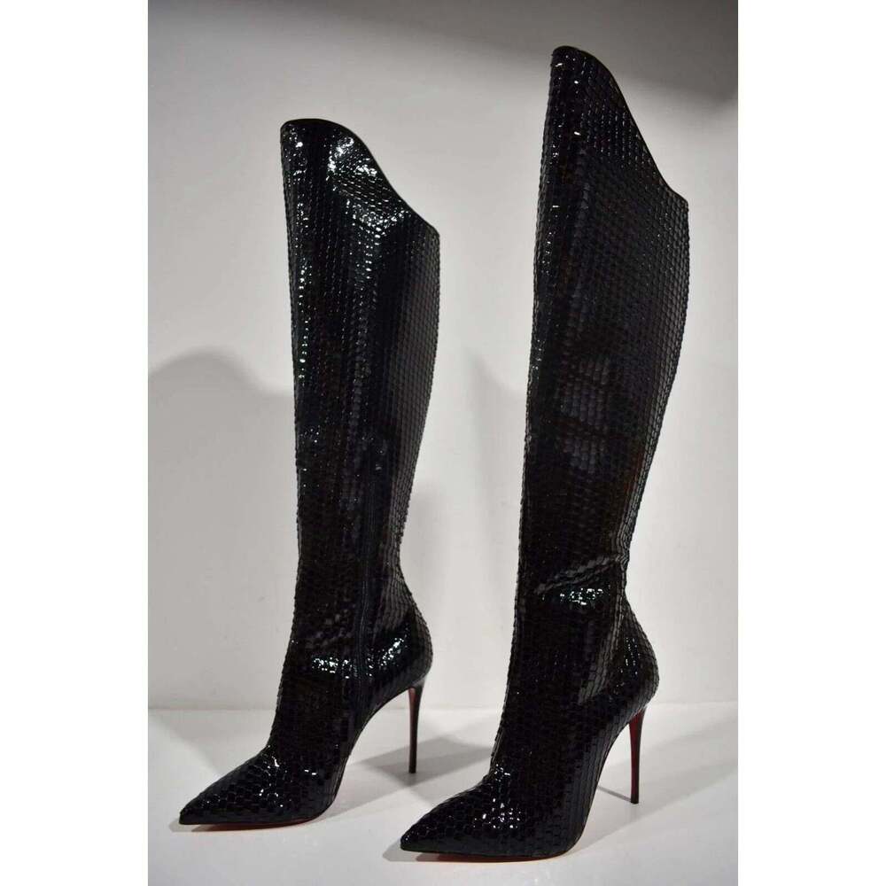 Christian Louboutin Alta Botta 100 Black Patent Bird Knee High OTK Heel Boot 36 - Picture 9 of 11